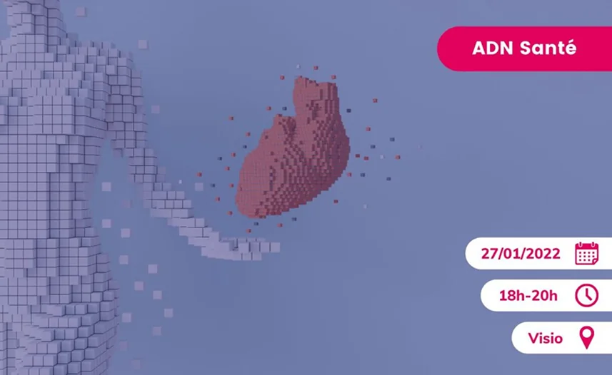 Bannière d'annonce de l'afterwork ADN Santé du 27 janvier 2022 sur la modélisation 3D voxel d'un cœur humain.