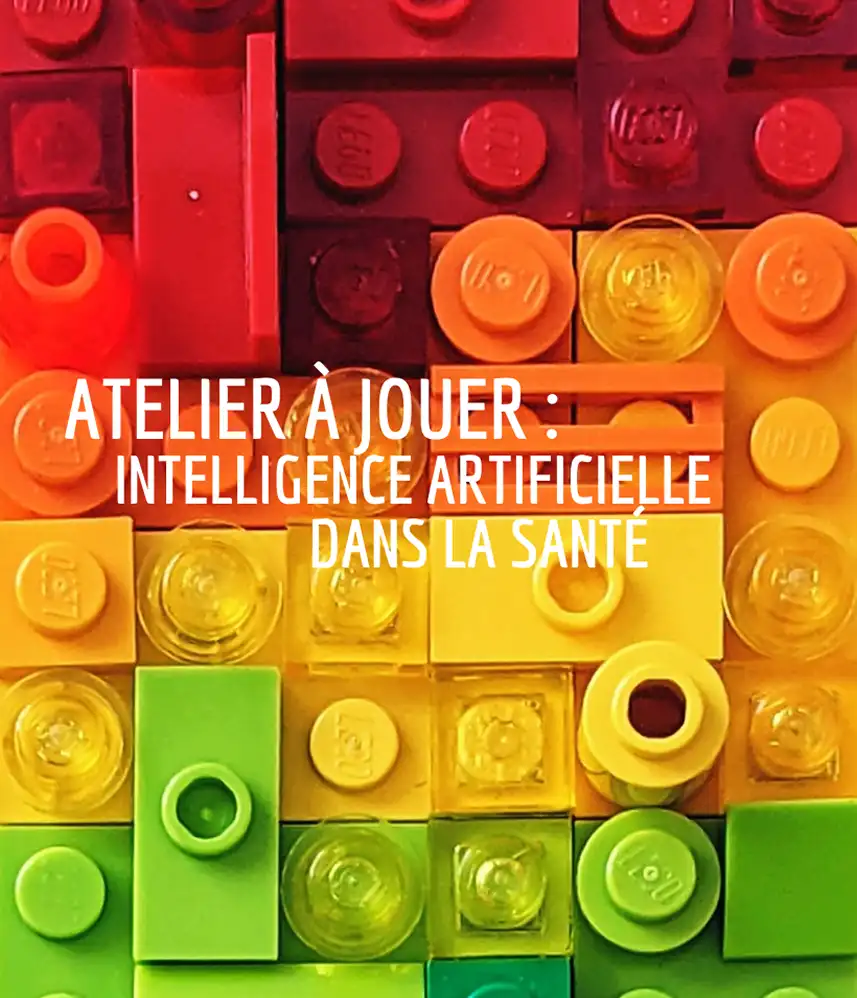 Visuel de l'Atelier à jouer IA dans la santé montrant une mosaique colorée de briques LEGO en vue de dessus.