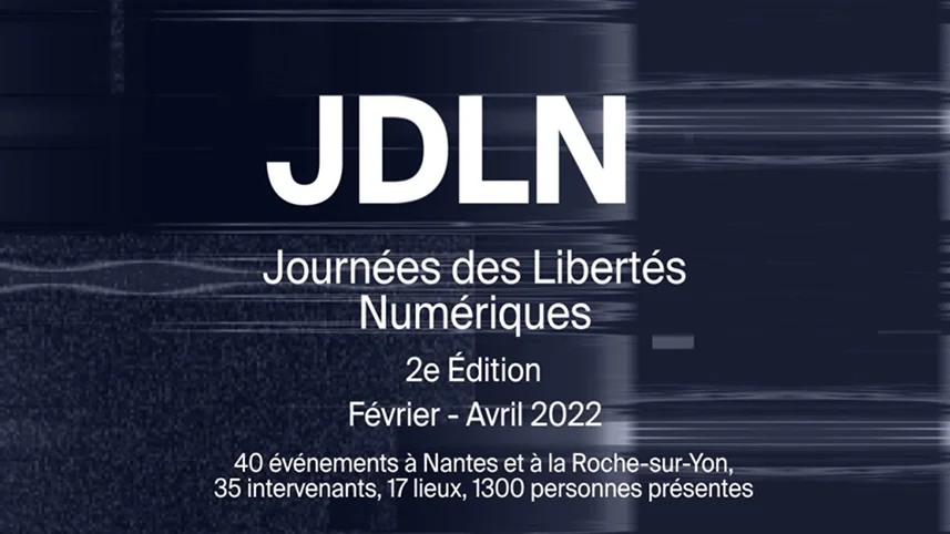 Visuel noir et blanc des Journées des Libertés Numériques 2e Édition avec sigle JDLN en lettres capitales.