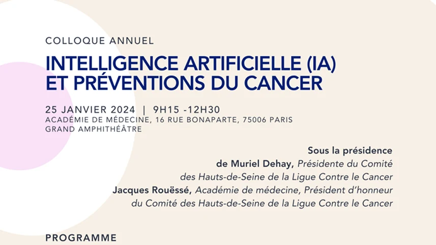 Bannière du colloque IA et prévention du cancer à l'Académie Nationale de Médecine avec visuel médical.