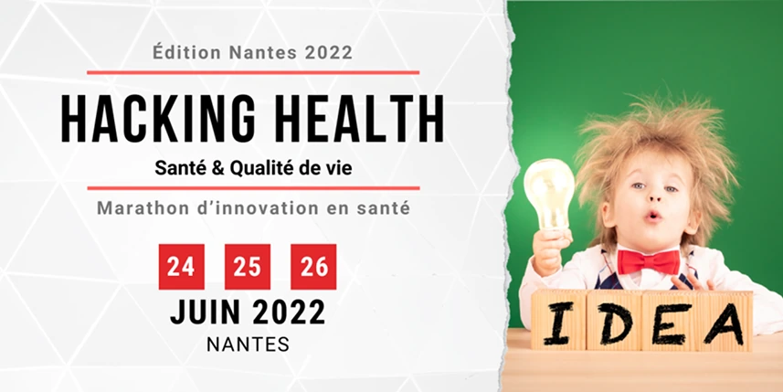 Visuel Hacking Health Nantes 2022 avec un enfant tenant une ampoule lumineuse au-dessus de cubes formant le mot IDEA.