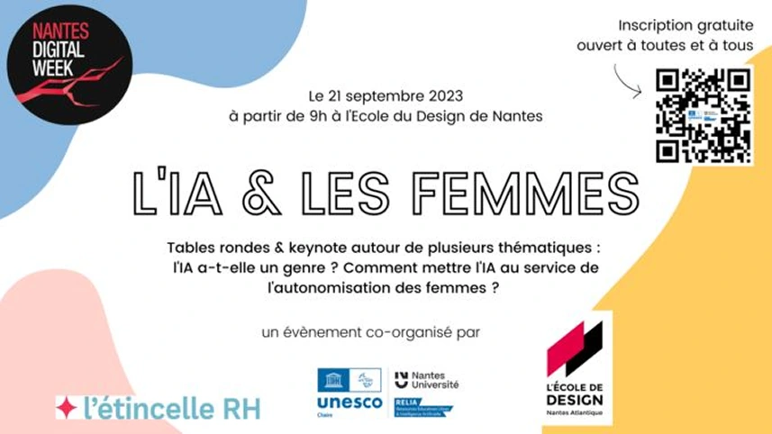 Visuel Nantes Digital Week 2023 : événement L'IA & les femmes à l'École de Design avec QR code et logos.