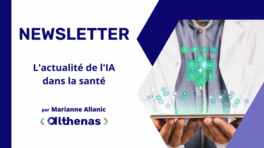 Bannière d'annonce de la newsletter Althenas avec médecin tenant une tablette sous forme de découpe hexagonale.