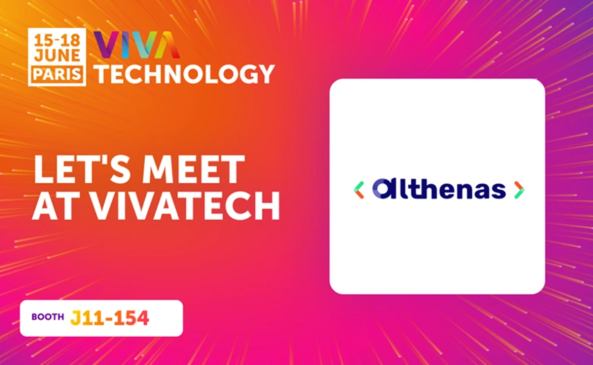 Bannière d'annonce VivaTech 2023 Althenas sur fond dégradé rose et violet avec logo Althenas et numéro de stand J11-154.