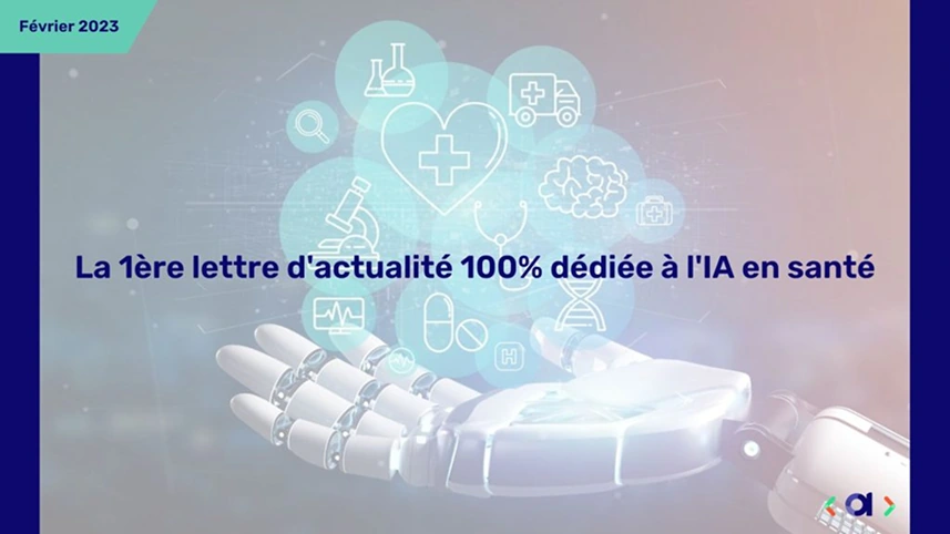 Visuel Newsletter IA Santé de février 2023 avec main robotique et réseau d'icônes médicales en transparence.