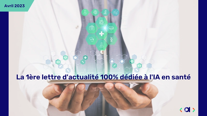Visuel Newsletter IA Santé d'avril 2023 sur le remboursement des dispositifs médicaux avec praticien tenant une tablette.