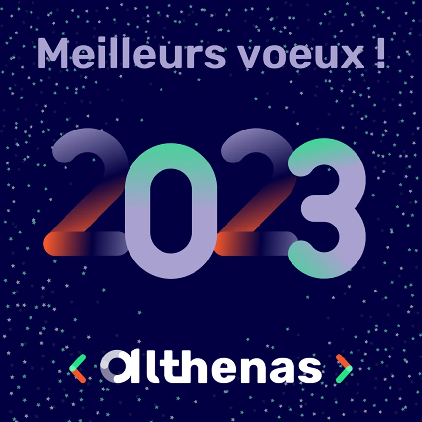 Bannière d'annonce de la newsletter Althenas avec médecin tenant une tablette sous forme de Carte de vœux 2023