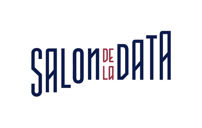 Logo du Salon de la Data en lettres étirées bleu marine avec mentions de la en rouge.