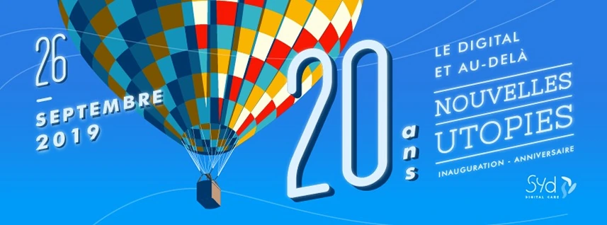 Bannière des 20 ans du Groupe Syd avec montgolfière colorée sur fond bleu pour l'événement Nouvelles Utopies.