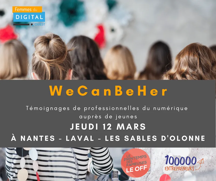 we-can-be-her-jeudi-12-mars-a-nantes-althenas Affiche de l'événement WeCanBeHer du 12 mars avec vue de dos d'un public de jeunes et logo Femmes du Digital Ouest.