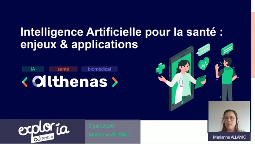 webinar-intelligence-artificielle-pour-la-sante-enjeux-&-applications-althenas Capture du webinar Explor'IA sur l'IA dans la santé par Althenas avec illustration médicale et visio de Marianne Allanic.